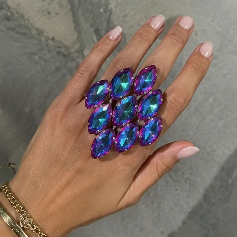 Women Oversized Cocktail Ring Iridescent Marquise Crystal Cluster Adjustable Statement Jewelry for Prom Party Evening Wear Gift