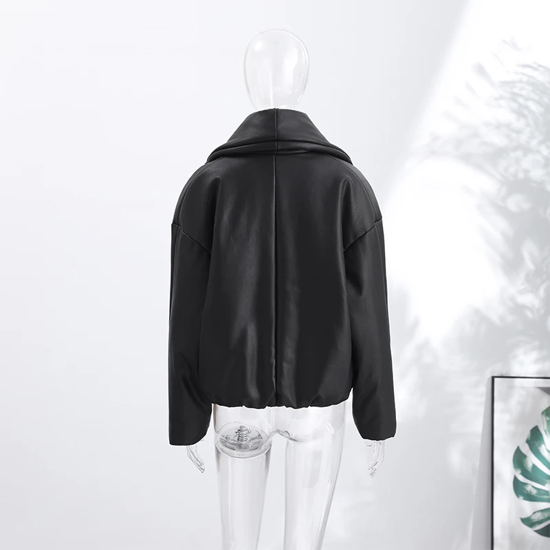 Damen-Crop-Mäntel aus PU-Leder, übergroße, gesteppte Jacken, Winterjacken für Damen, mit Revers, langen Ärmeln, einfarbig, locker geschnitten, kurze Jacke, neue Oberbekleidung. – Detail 5