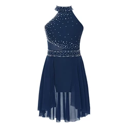Kids Girls Ballet Gymnastics Leotard Lyrical Dance Figure Skating Dress Back Zipper Shiny Rhinestone Stage Performance Dancewear