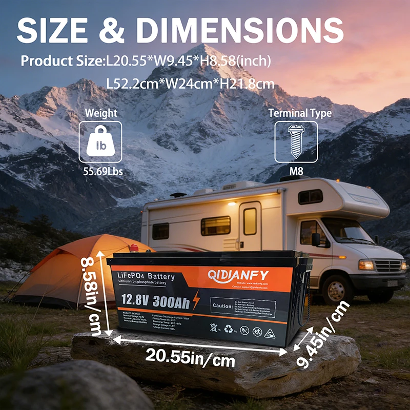 Qidianfy 12V 300Ah LiFePO4 Battery Low Temp Cutoff with 200A BMS Deep Cycle for Solar Off-grid Camping RV Backup Power