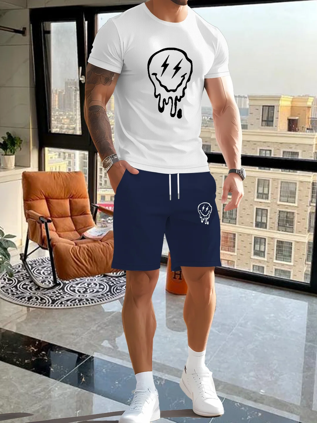 

Men's 2-piece set with printed round-neck short-sleeved shirt and shorts, casual and comfortable