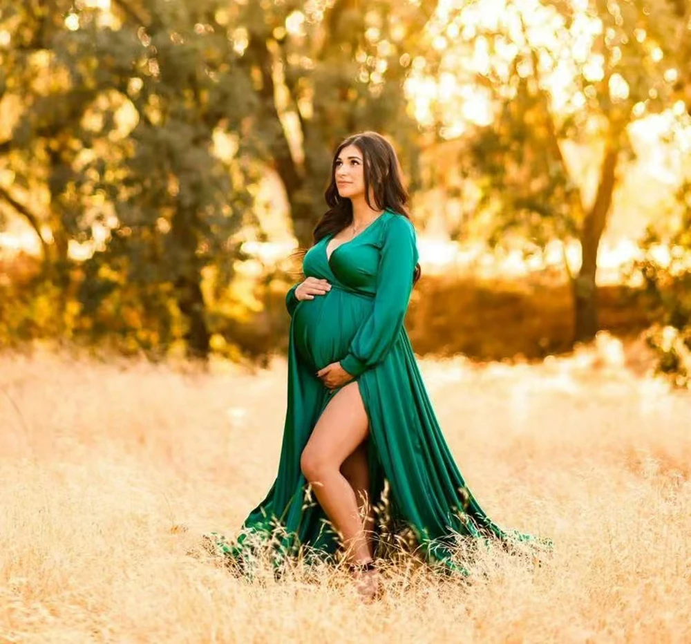 

Boho Maternity Dress Fall Autumn Photoshoot Long Sleeve Deep V Maxi Gown Pregnancy Photography Baby Shower Outfit Boutique