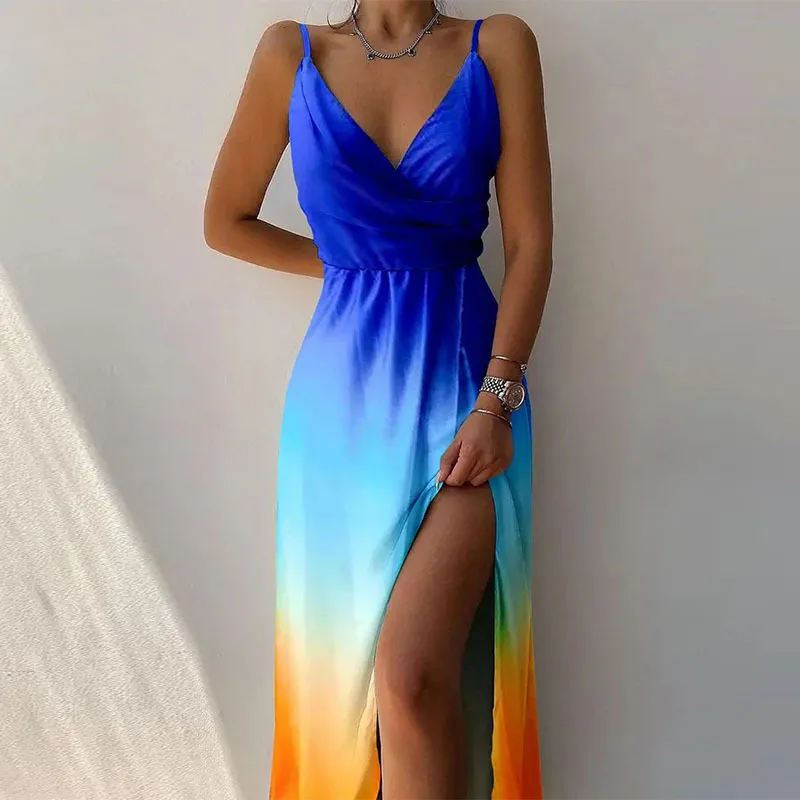 Women Print Camisole V Neck Sleeveless Dress A Line Long Dresses Spaghetti Strap Sexy Split Evening Skirt Summer 2024