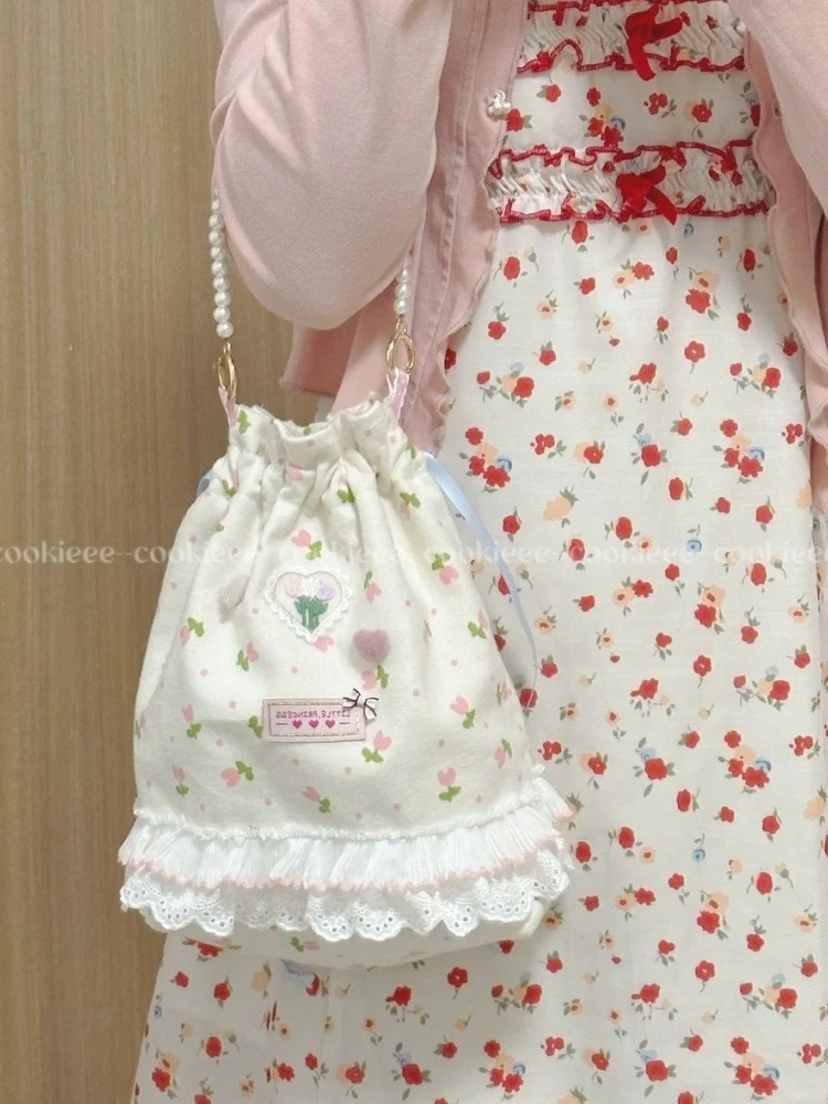 Korean Sweet Lace Floral Pearl Drawstring Handbag Bags 2024 Women Commute Bucket  Bag