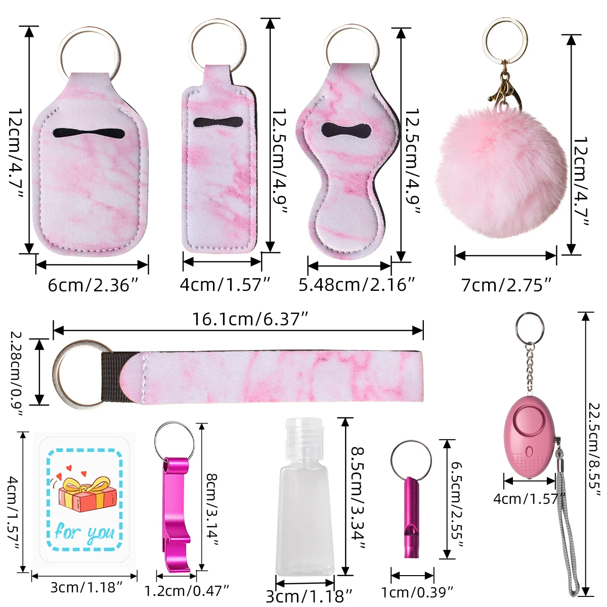 9PC/SET Self Defense Keychain Portable Girls\' Self-Protection Keychain Set for Women Alarm Safe Key Ring Best Anti-wolf Gift