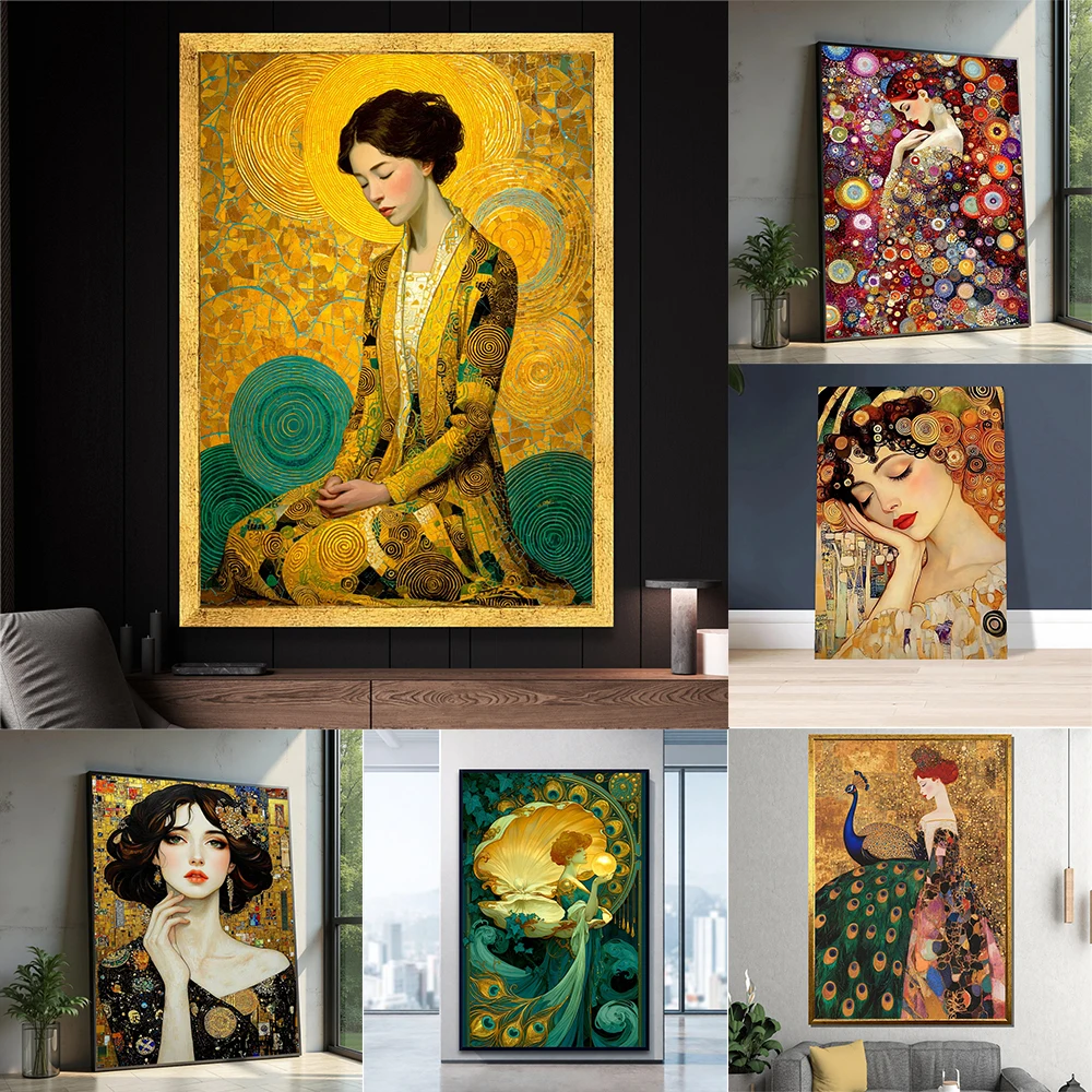  Klimt Style Woman Canvas Painting Golden Mosaic Portrait Wall Art Prints Elegant Feminine Gift for Living Room