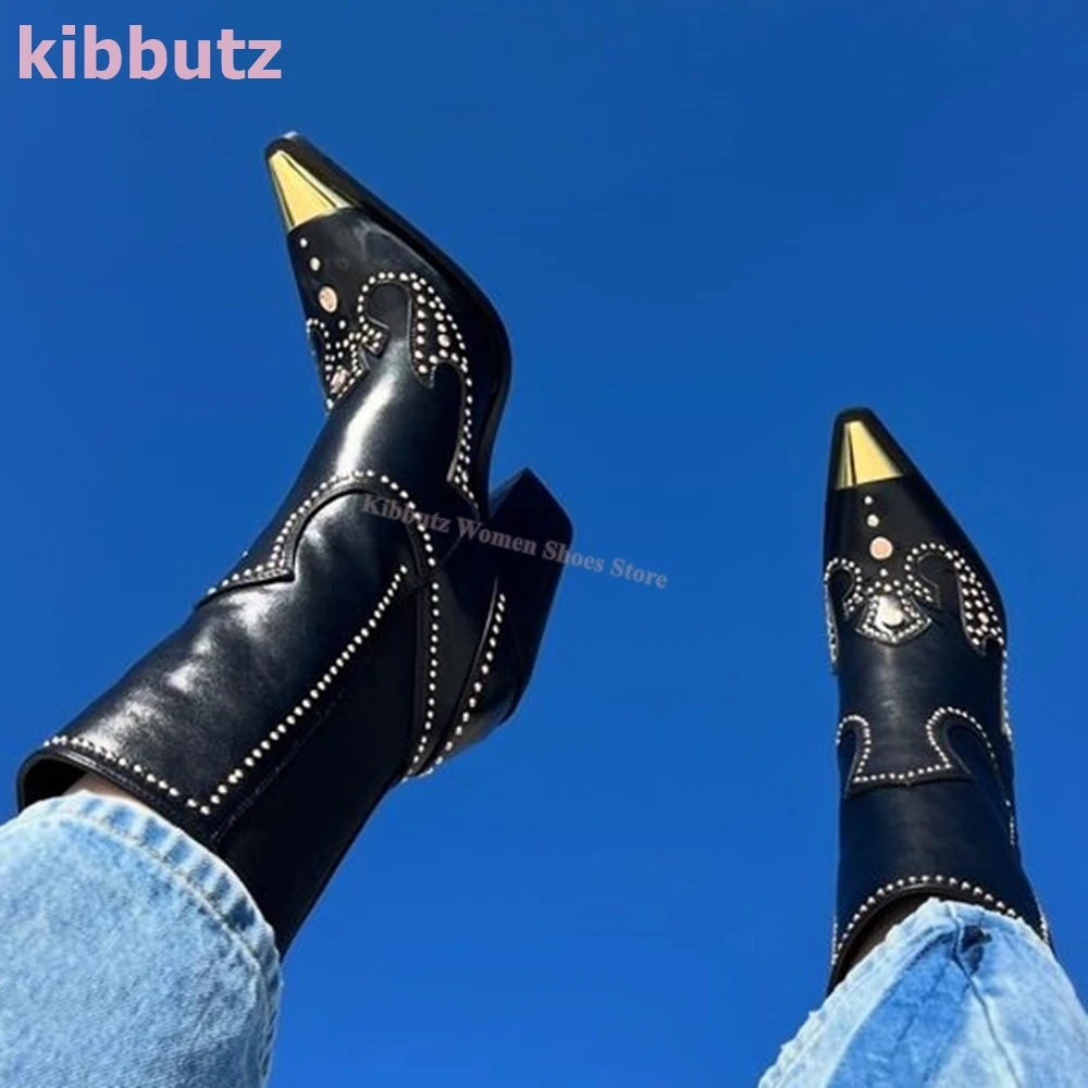 

Rivet Cowboy Ankle Boots Genuine Leather Mixed Color Slip-On Pointed Metal Toe Square Heel Fashion Elegant Luxury Sexy Shoes New