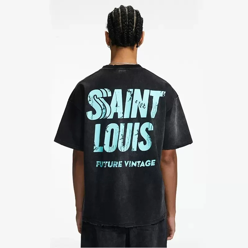 Street Fashion Saint Louis Harajuku American Style High Quality T-shirt Splash-ink Distressed Vintage Loose Mens T Shirts Summer