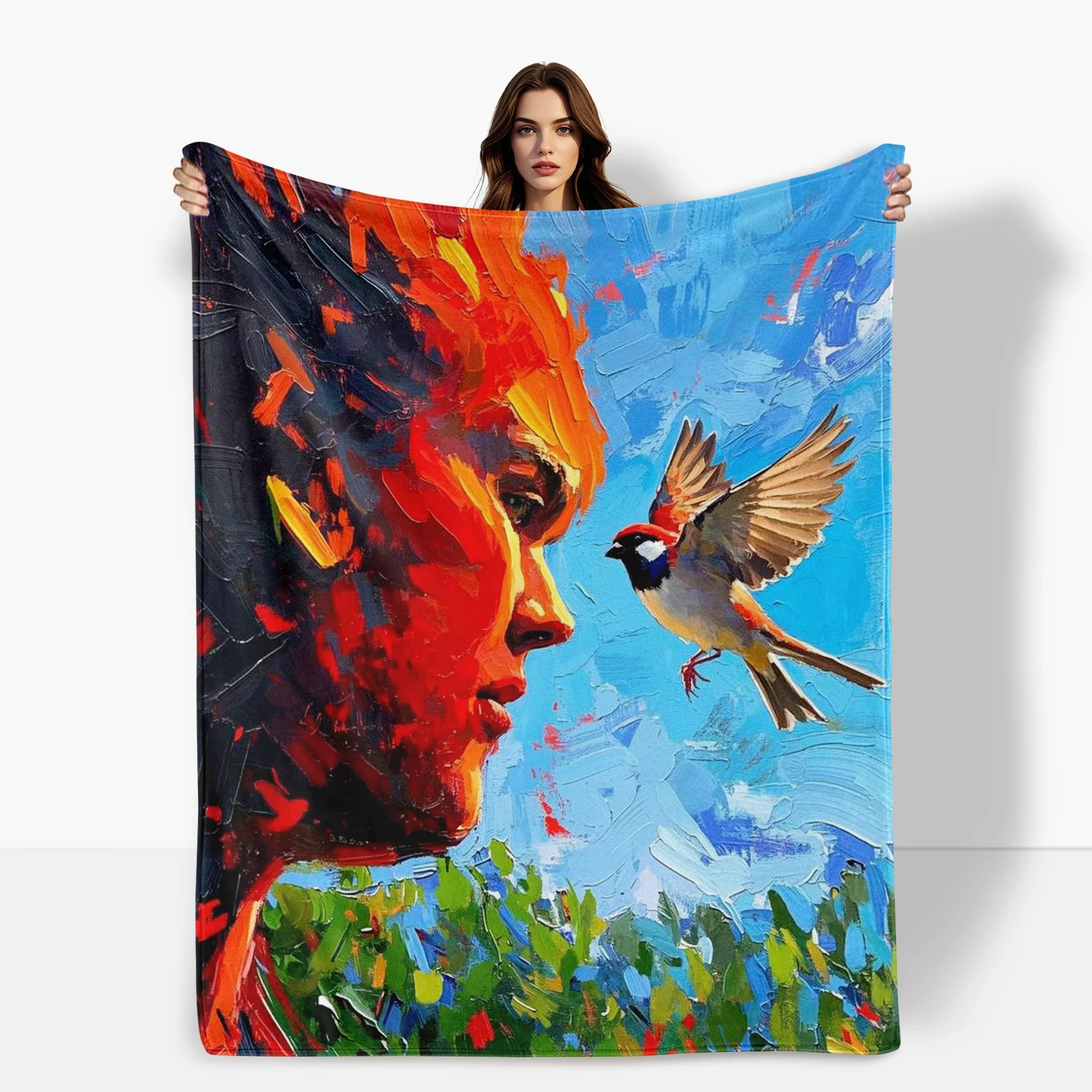 Giant Sparrow Blanket Red Theme Blue Sky Design Cozy Throw For Home Decor Gift Idea Whimsical Nature Inspired Art Style