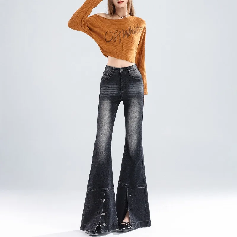 Womens Black Gray Gradient Wash Flared Denim Pants Elastic Slimming Hem Buttons Design Tall Look Floor Sweeping Jeans