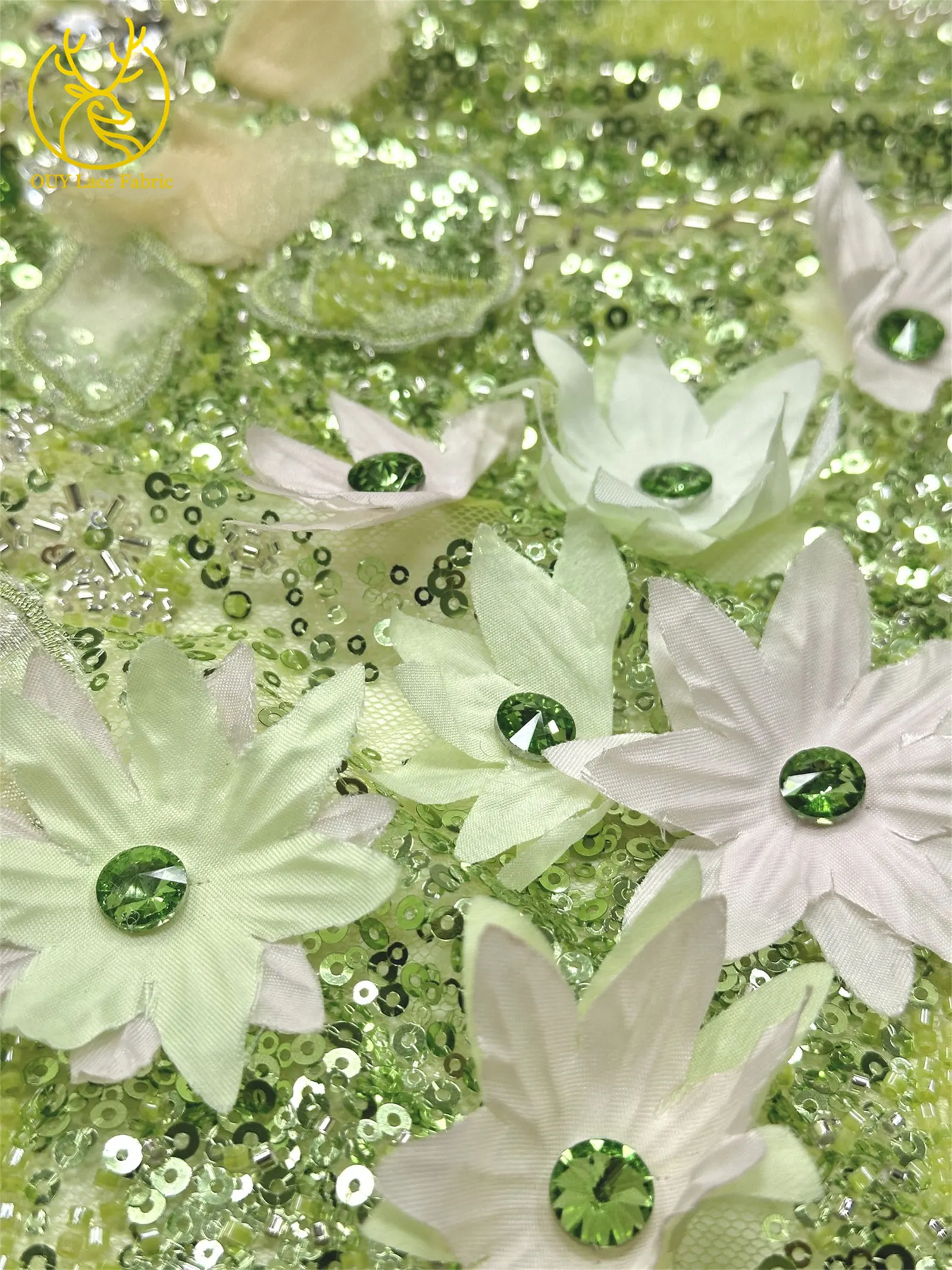 Hochwertiger luxuriöser französischer Edelstein-Perlenstickerei-3D-Blumen-Afrikanischer-Pailletten-Spitzenstoff für DIY handgefertigtes Hochzeitskleid. – Detail 9