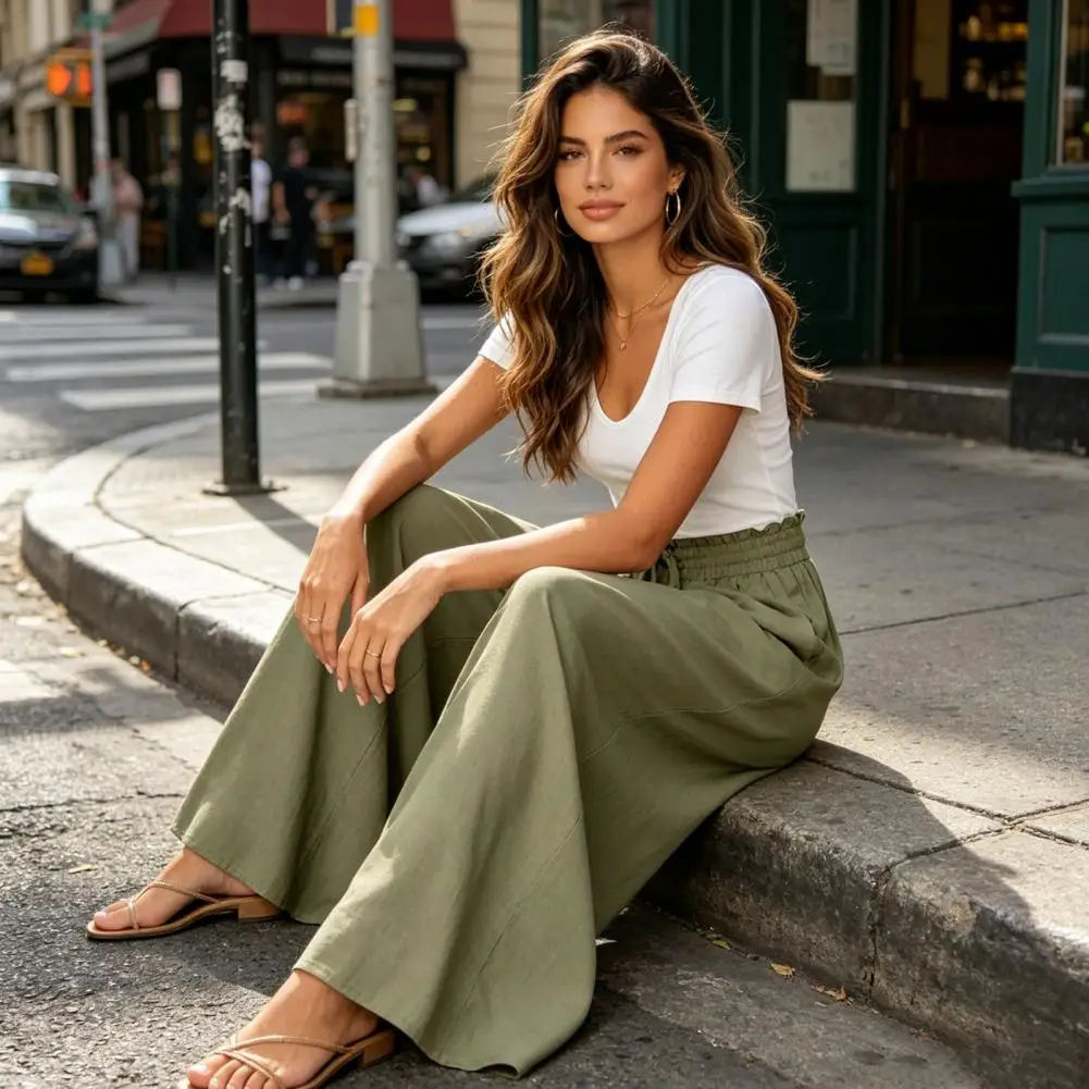 Elastic Straps Adjustable Pants Versatile Fit Pants Women’s Oversized Wide Leg Trousers with Pockets Adjustable Elastic Strap