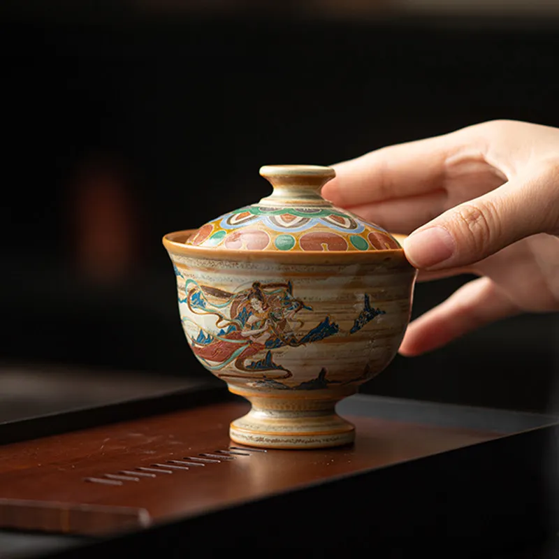 Handmade firewood burning retro Dunhuang Feitian two bowls cover bowl Household tea bowl Dunhuang impression Chinese style