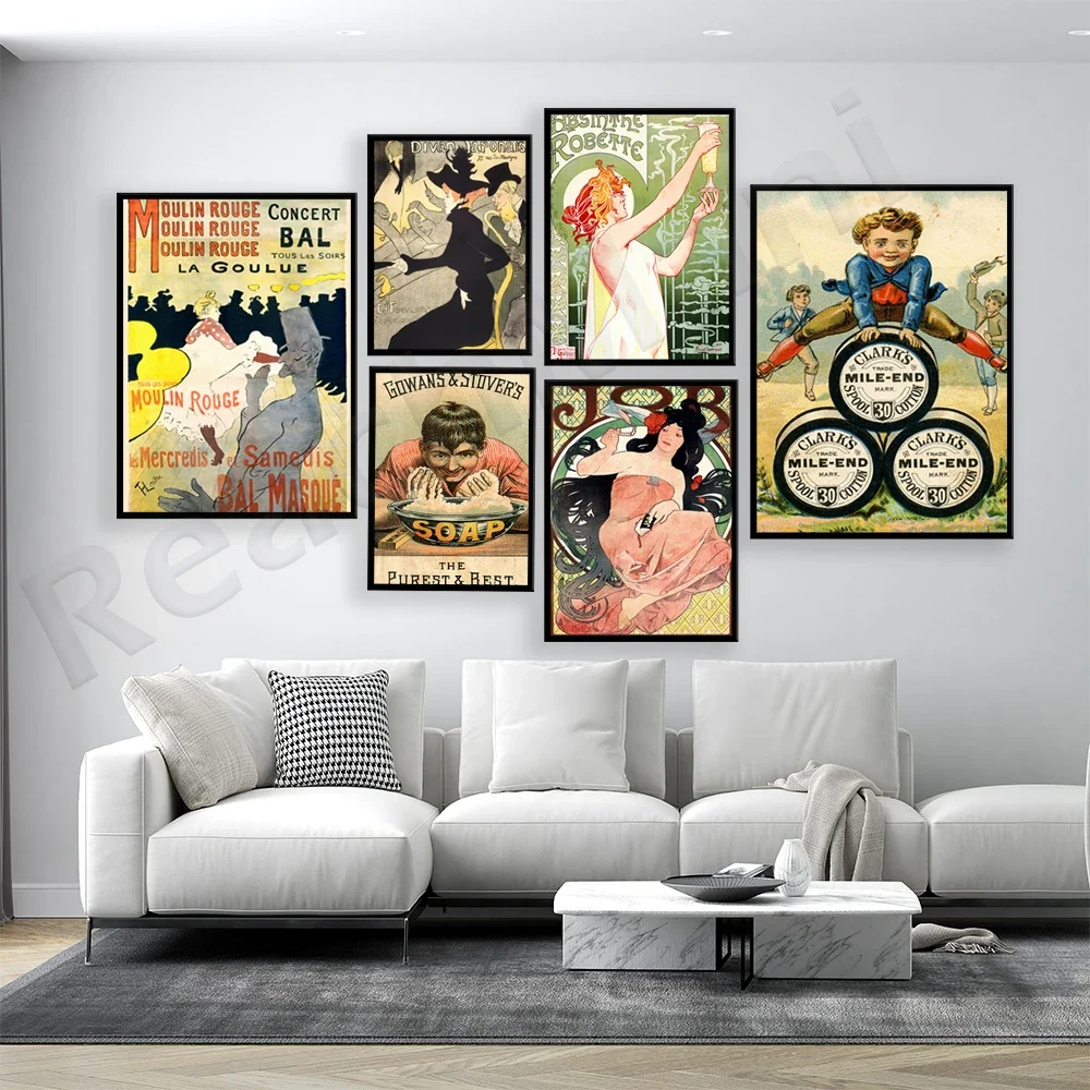 Vintage advertising poster spool cotton, Italian lake, Paris cabaret, Moulin Rouge, Toulouse Lautrec's Art Nouveau poster print