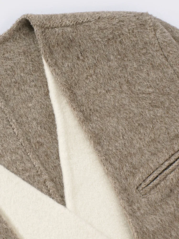 ZMEENNA Women's Elegant Two Tone Wool Blend Long Winter Coat With Detachable Scarf Contrast Cuffs Double Breasted ZM3347