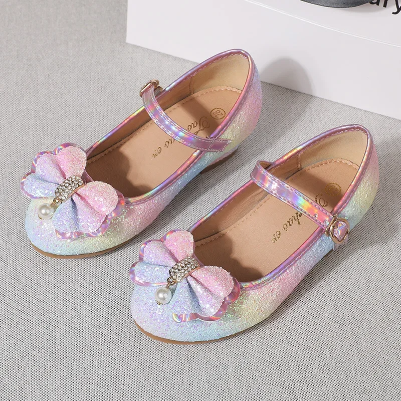 

Spring Girls Princess Leather Shoes Rainbow Sequins Children High Heels Fashion Kids Mary Jane Shoes for Wedding Party Bowknot