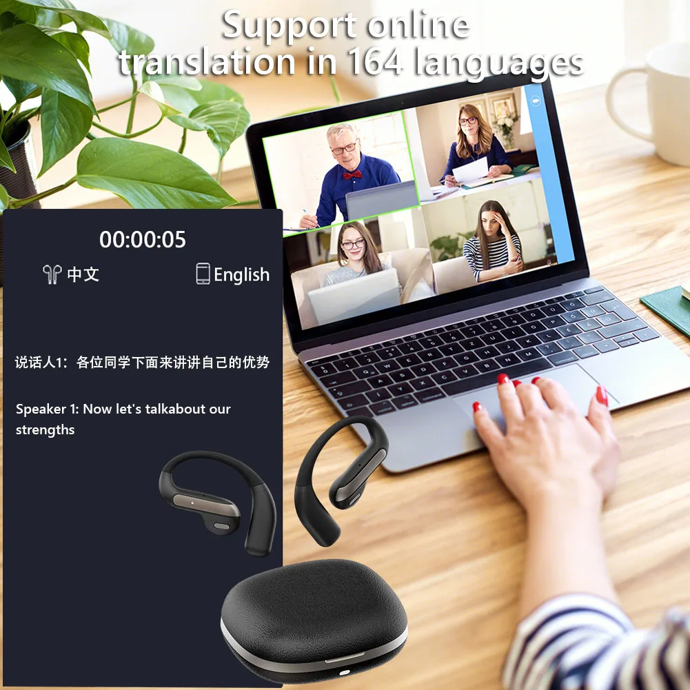 YJ55 سماعات رأس لاسلكية بلوتوث ترجمة سماعات أذن شبه داخل الأذن AI ترجمة سماعات أذن 144+ لغات BT 5.4 سماعات أذن لاسلكية