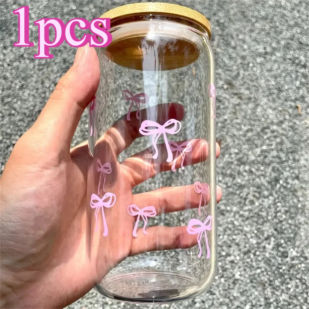 500ml/16.9oz Cherry Bow Glass Tumbler Mason Jar Shaped Water Bottle with Lid and Straw for Iced Coffee Juice Drinking Cup Gift