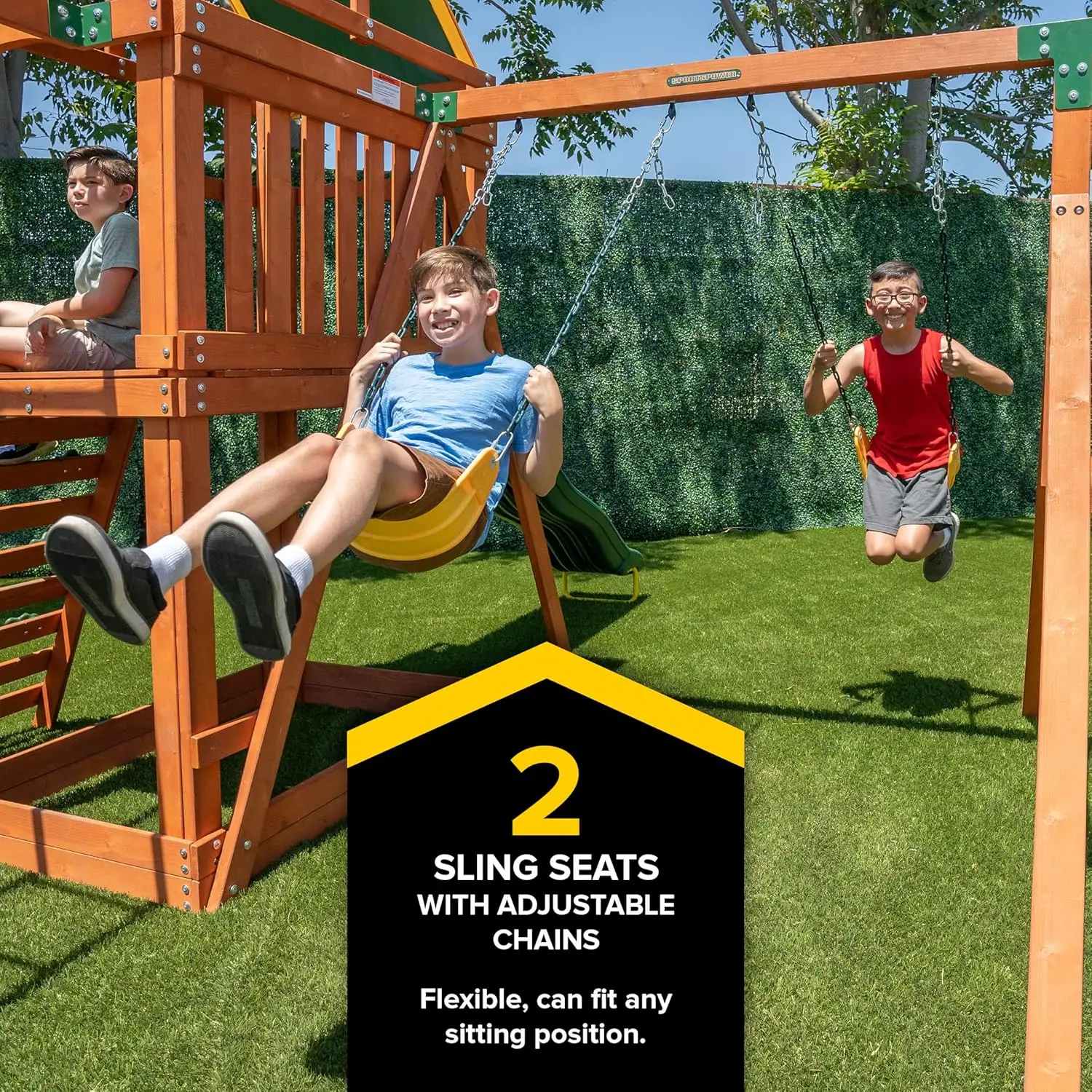 Exclusive Olympia Wood Swing Set with 3 Swings, Slide, and Monkey Bars, Natural/Green with 8' Slide