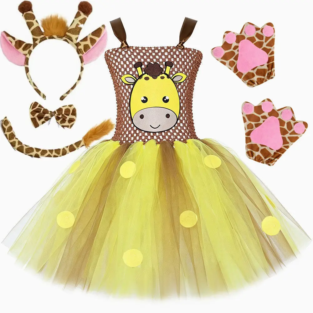 Animal Theme Cute Giraffe Printed Fluffy Tulle Puffy Skirt With Ears Headband Tail Bowtie Jungle Carnival Halloween Party Outfit