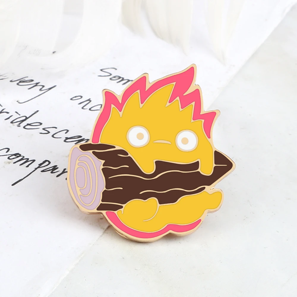 Fire Genie Anime Emaille Pins Cartoon Flamme Dämon Metall Brosche Brennendes Holz Rucksack Abzeichen Pullover Hut Schmuck Geschenk für Freunde
