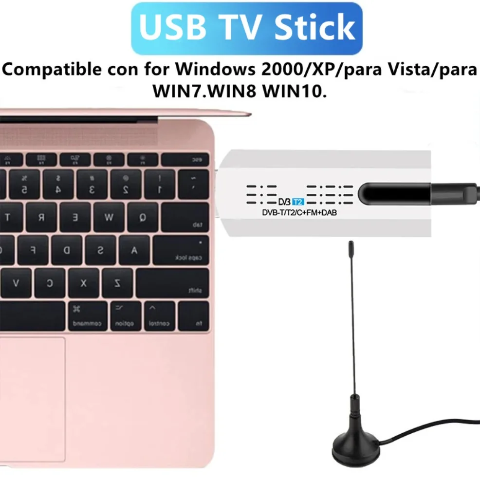 Sintonizador de TV USB con antena remota HD Digital satélite DVB T2 receptor de TV USB DVB-T2/DVB-T/DVB-C/FM/DAB USB TV Stick para PC