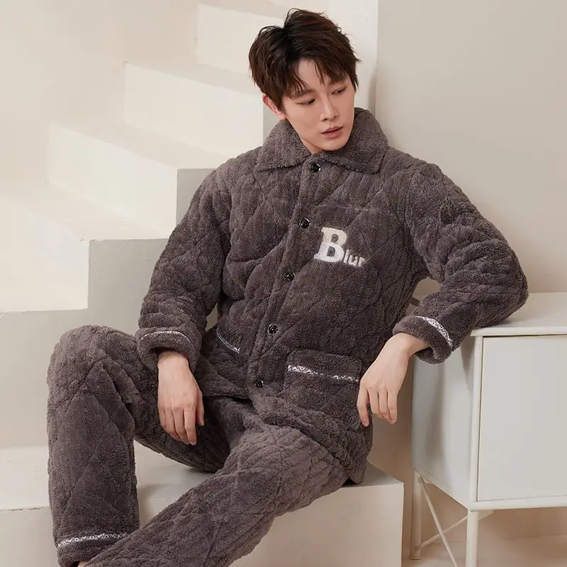 

Winter Flannel Pajamas Men Korean Thicken Long-Sleeved Cardigan Nightwear Three-Layer Warm Homewear Set Sleepwear Loungewear