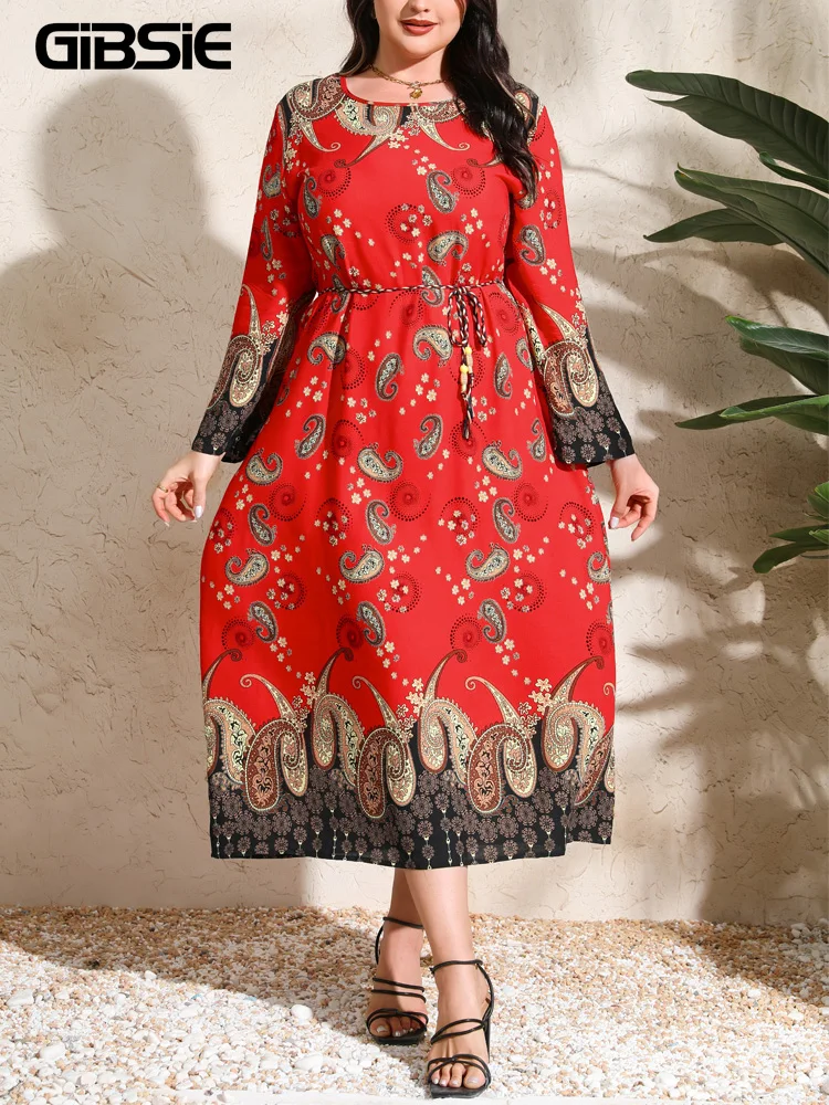 GIBSIE Plus Size Paisley Print Belted Long Dress Women Spring 2024 Ethnic Boho O-Neck Long Sleeve Ladies Vintage A-Line Dresses