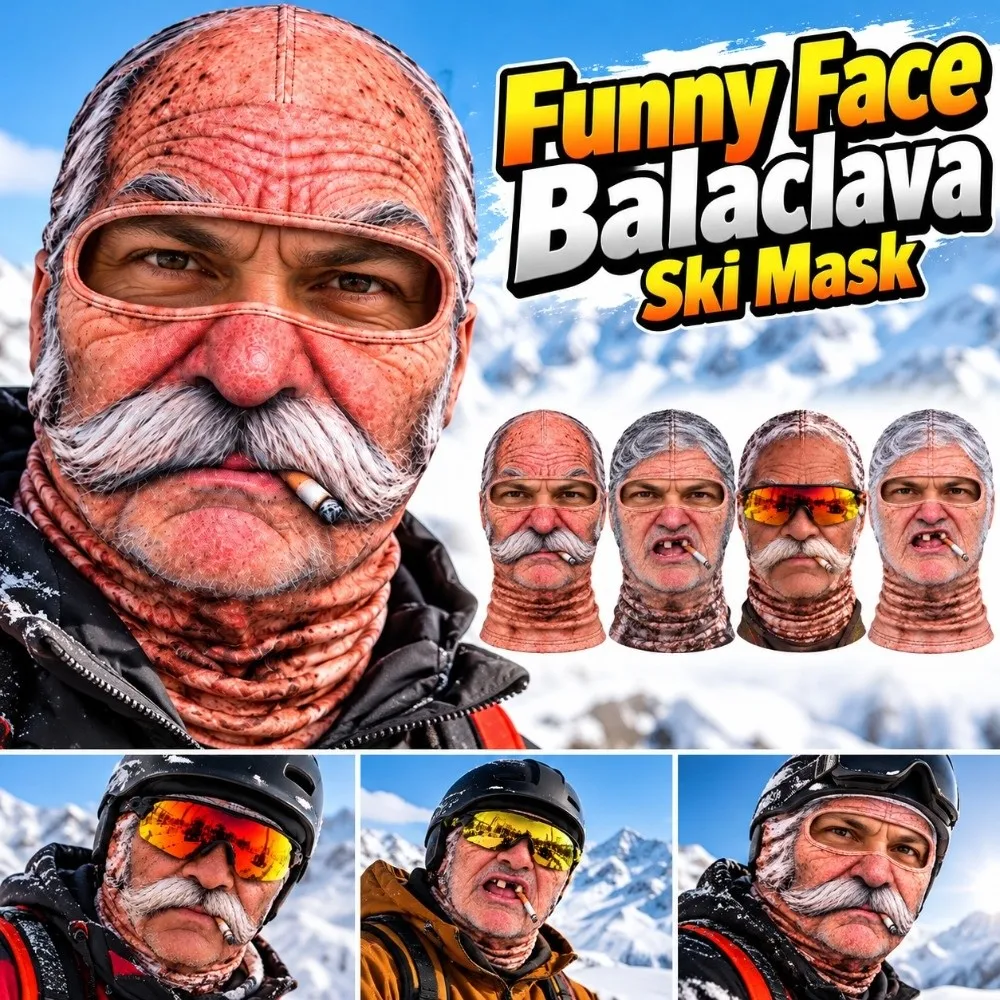 3D Face Printed Old Man Balaclava Face Mask White Mustache Elderly Man Funny Ski Mask Stretch Elastic Ski Mask Hood