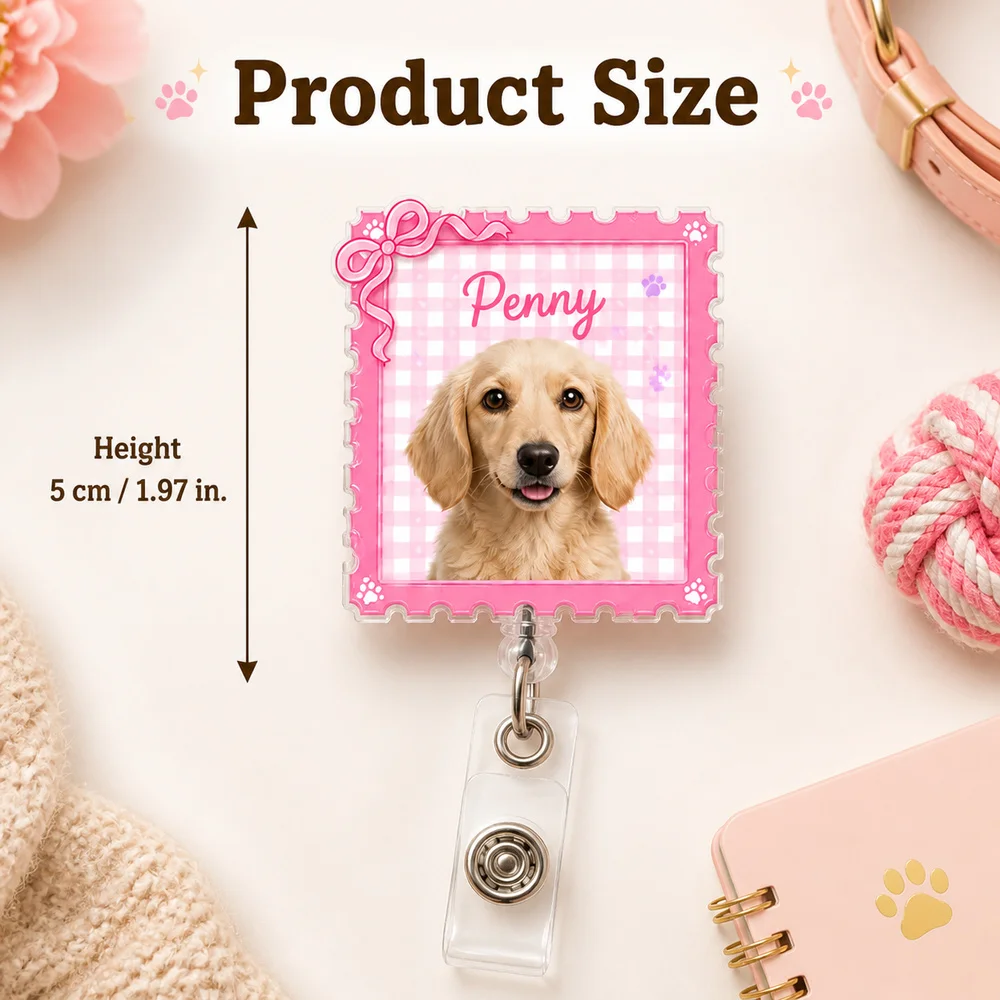 Customizable Pet Photo Retractable Badge Reel,Stamp‑Shaped Personalized Text ID Reel Clip,Pet Lover Office Work Decoration