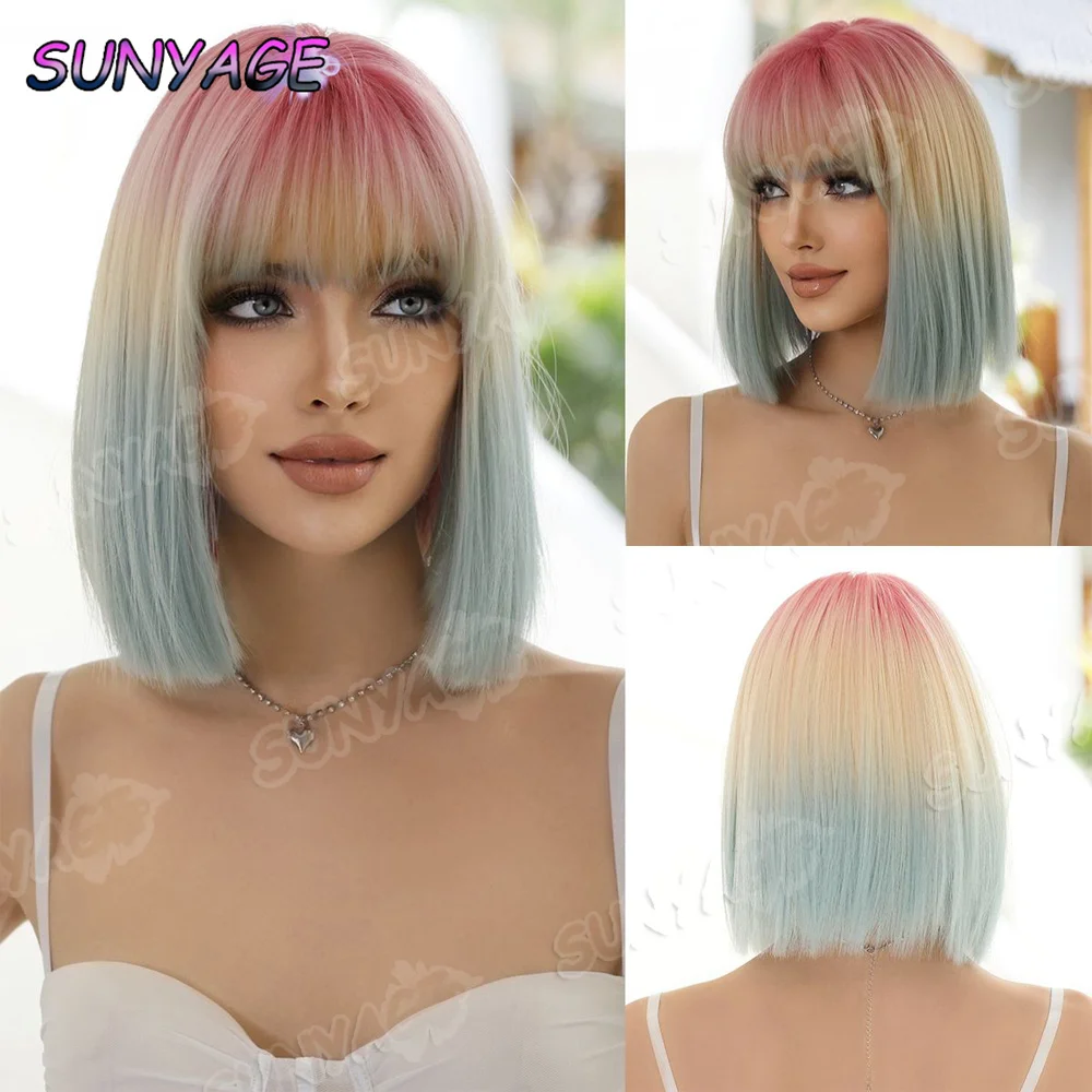 

SUNYAGE Shoulder Length Wig Synthetic Straight gradient color Wigs For Women Daily Party High Density Layered Wigs With Bang