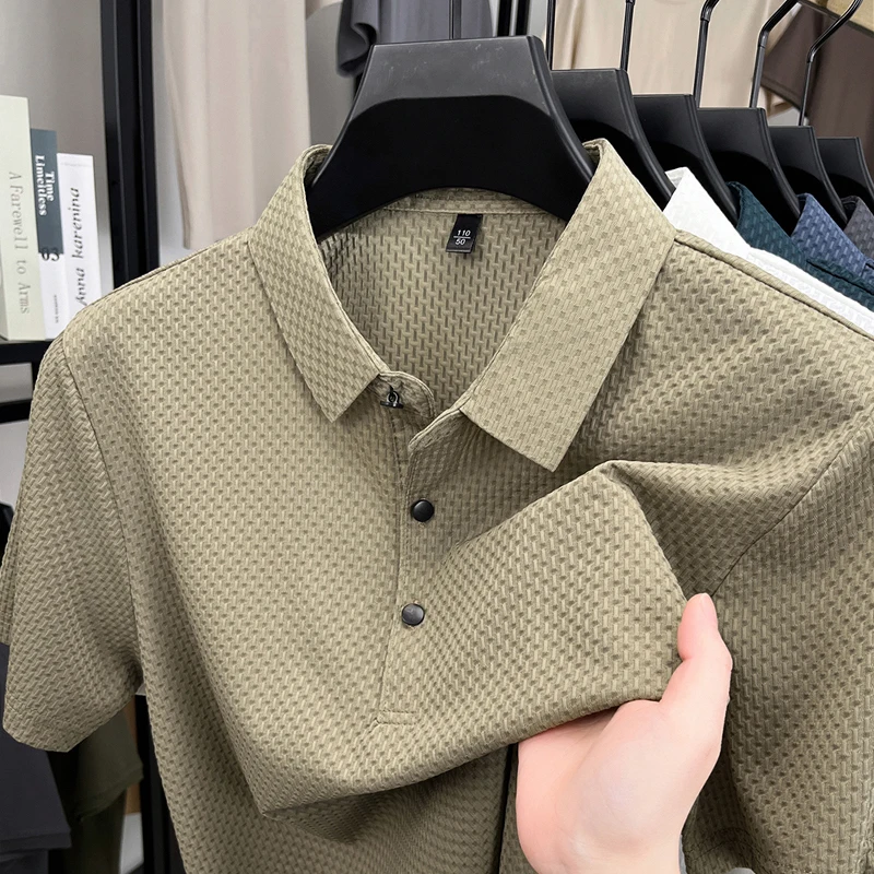 Luxury ice silk short sleeve polo shirt men summer new breathable cool casual T-shirt fashion checkered printed solid color top