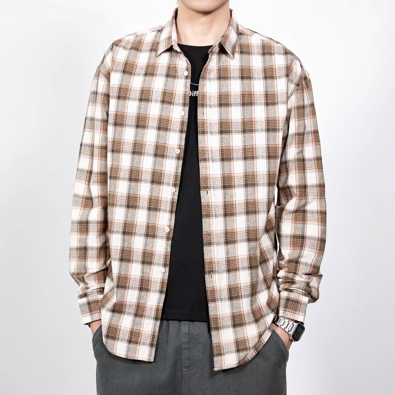 

Retro Plaid Long Sleeve Cotton Shirt Men's Casual Loose Outerwear Cool Pure Cotton Top Spring Autumn Youth Fashion
