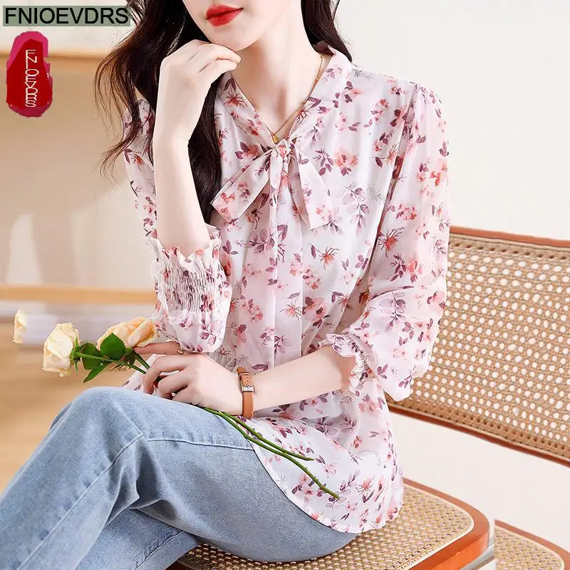 M-4XL Loose Clothes Women 2023 Autumn Elegant Office Lady Bow Tie Shirts Casual Retro Vintage Ruffles Floral Print Tops Blouses