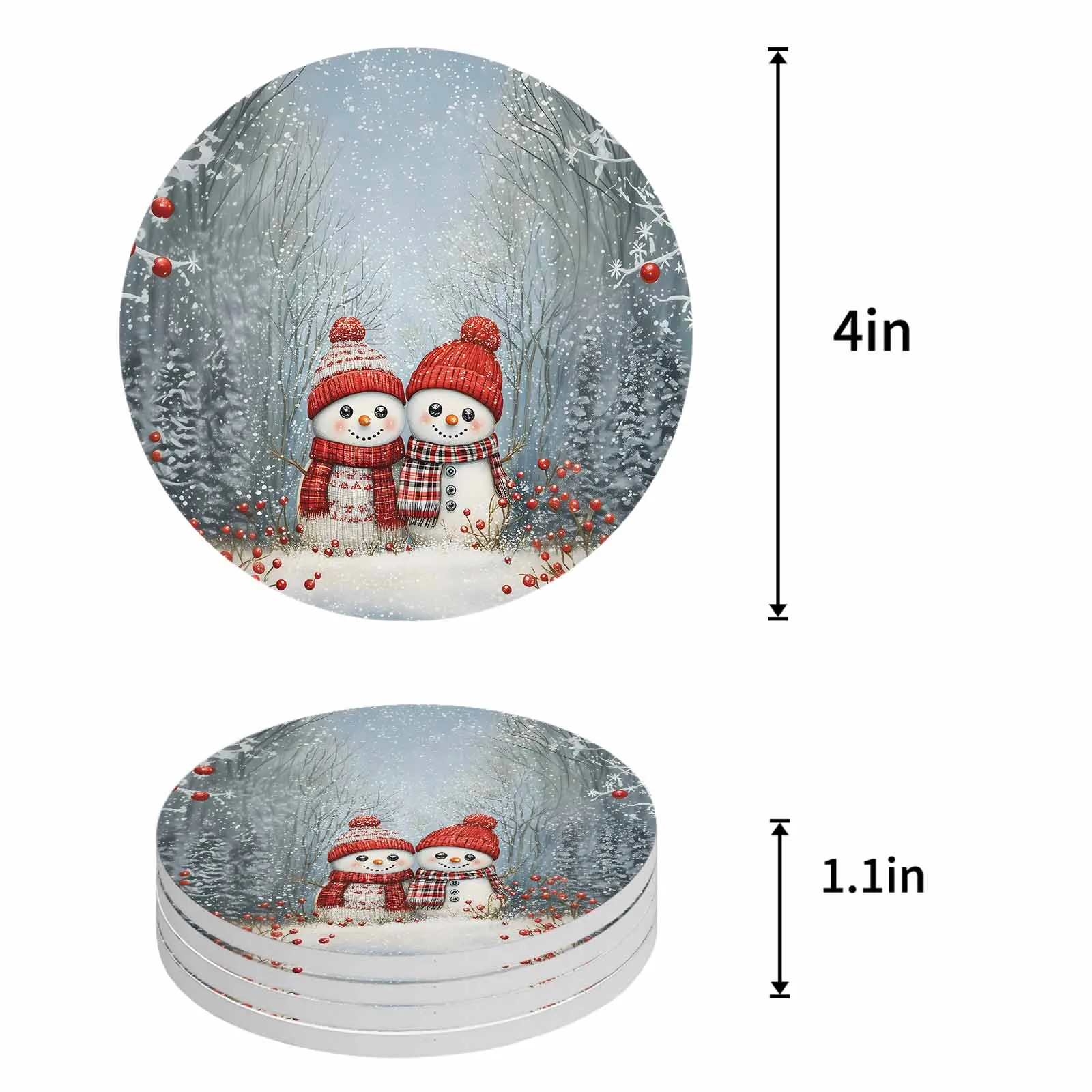 Snowy Forest Berry Snowman Ceramic Coaster Set Kitchen Table Round Placemat Luxury Decor Coffee Tea Cup Coasters