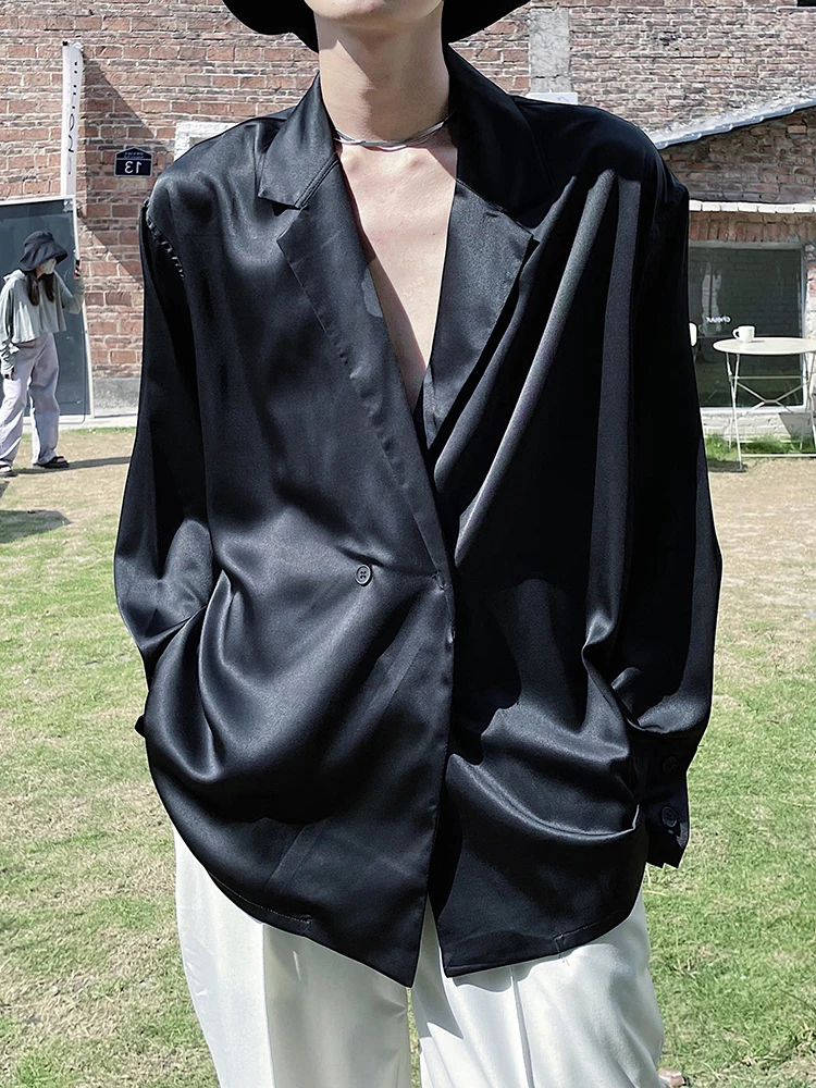 Korean Style Ice Silk Satin V-Neck Shirt Men's Loose Fit Single Layer Suit Jacket Youthful Trendy Pure Color Button Detail