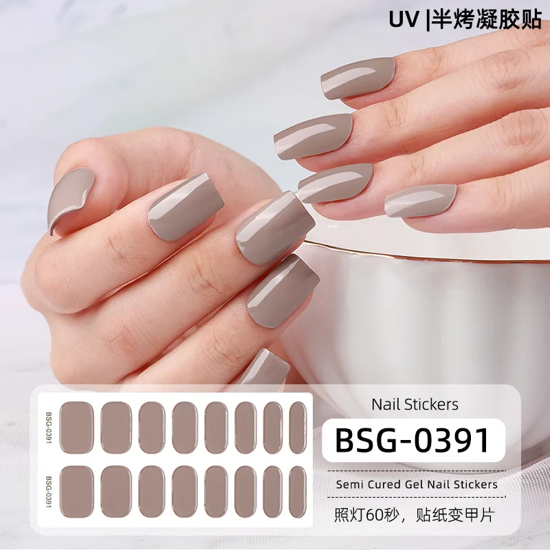 16 Strips Effen Kleur Semi-Uithardende UV-Gel Nagelstickers Waterdichte Langdurige Volledige Dekking Nagel Decals Uv Lamp Nodig