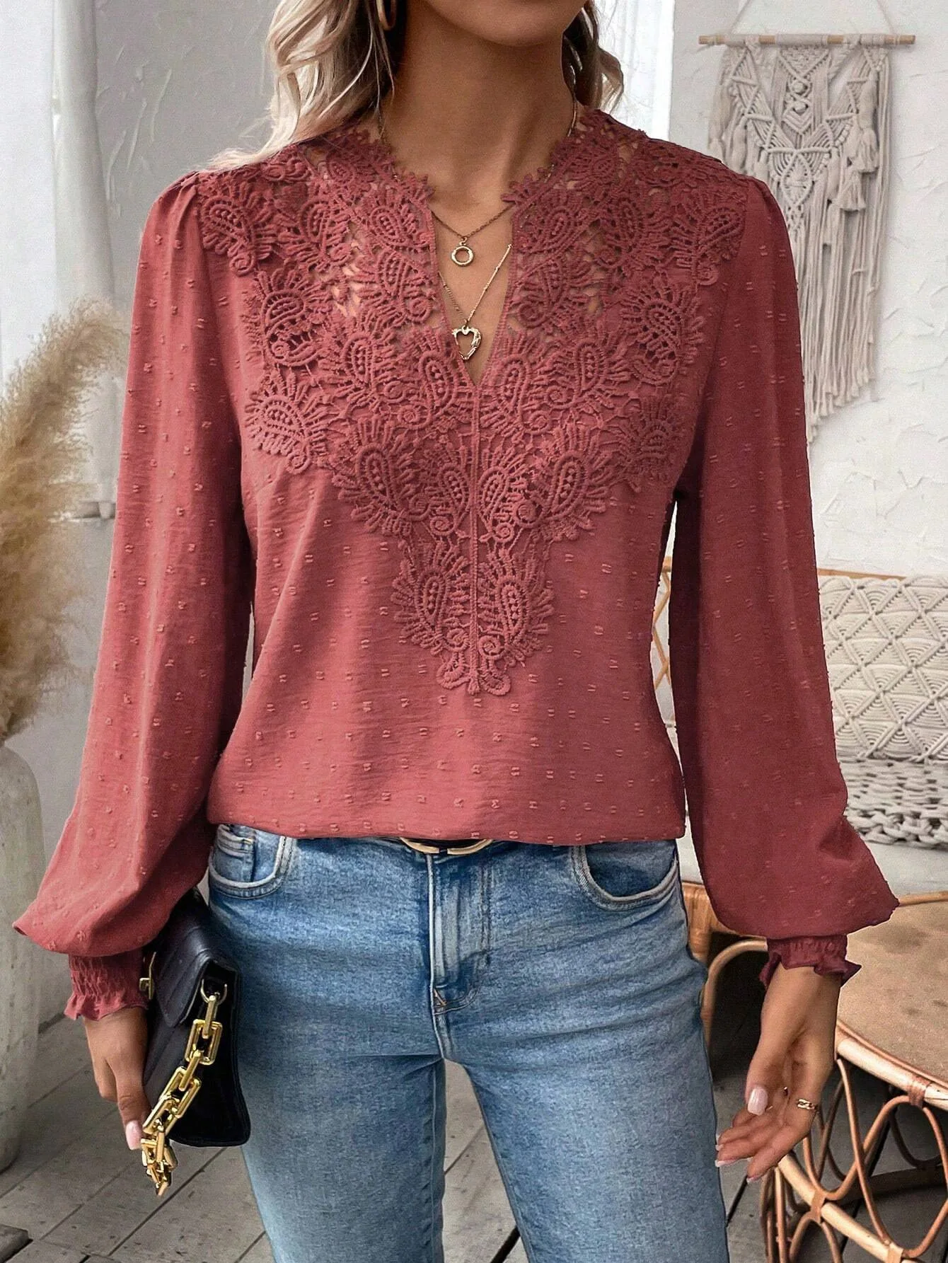 Women's V Neck Hollow Lace Patchwork Lantern Long Sleeve Blouse Loose Comfortable Versatile Trendy Casual Commute Daily Wear Top view 5