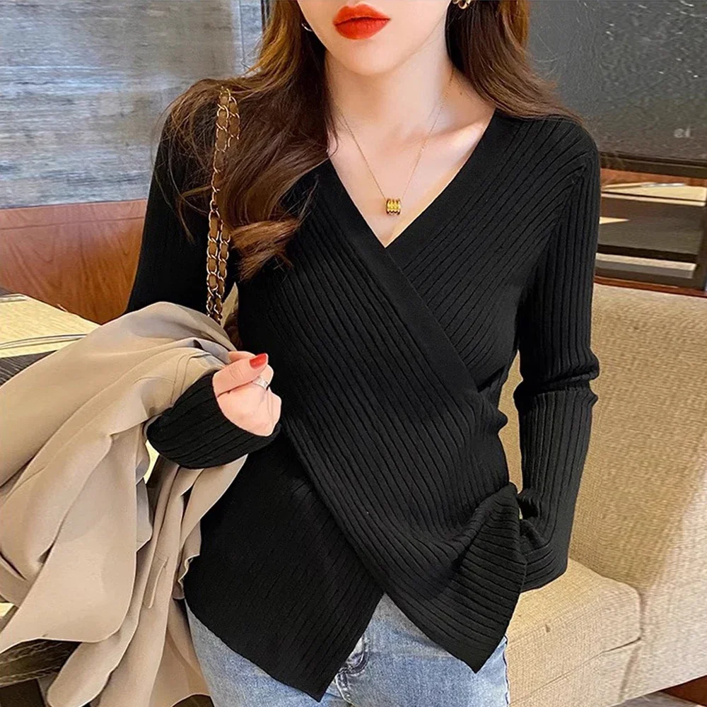 Pullovers Women Criss-cross V-neck Skinny Autumn Winter All-match Stretchy Mujer Knitting Tender Cozy Sweater T Shirt Tops S-2XL