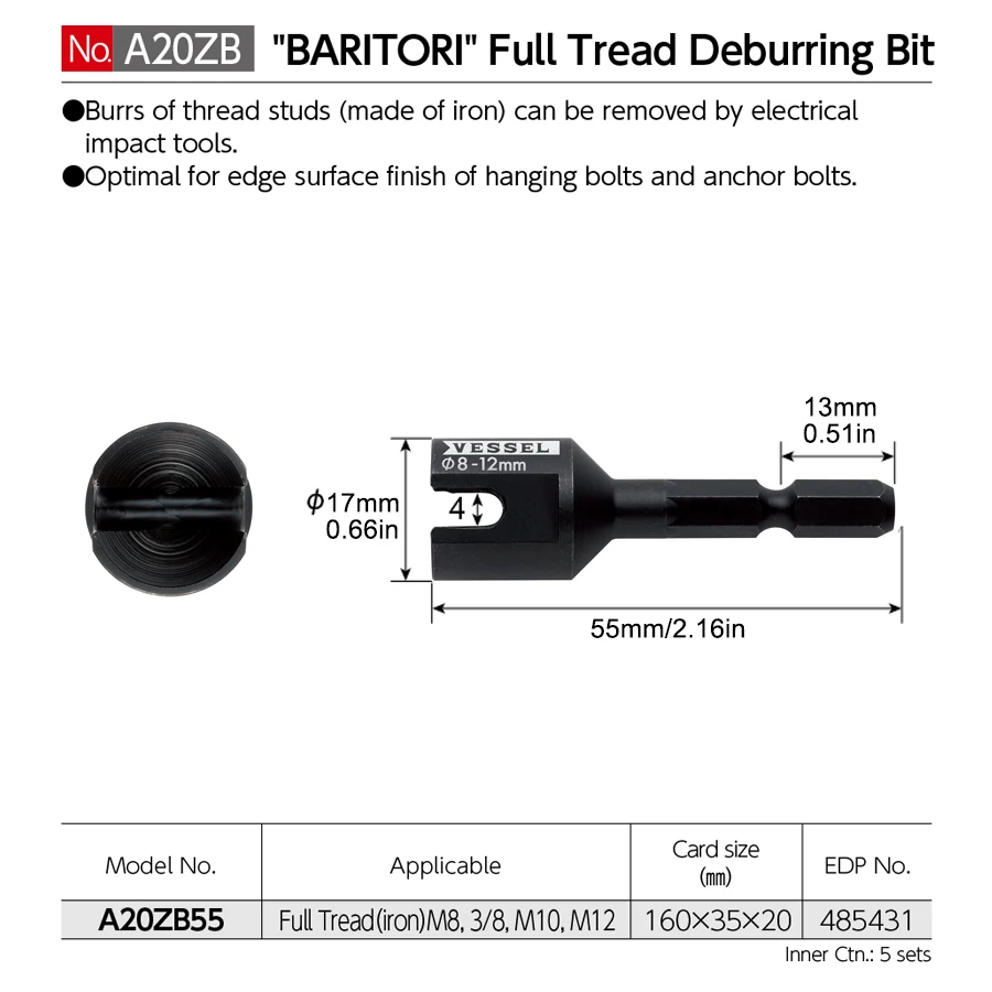 VESSEL “BARITORI” Full Tread Burring Bit For M8,3/8″,M10,M12 (Steel) No.A20ZB55