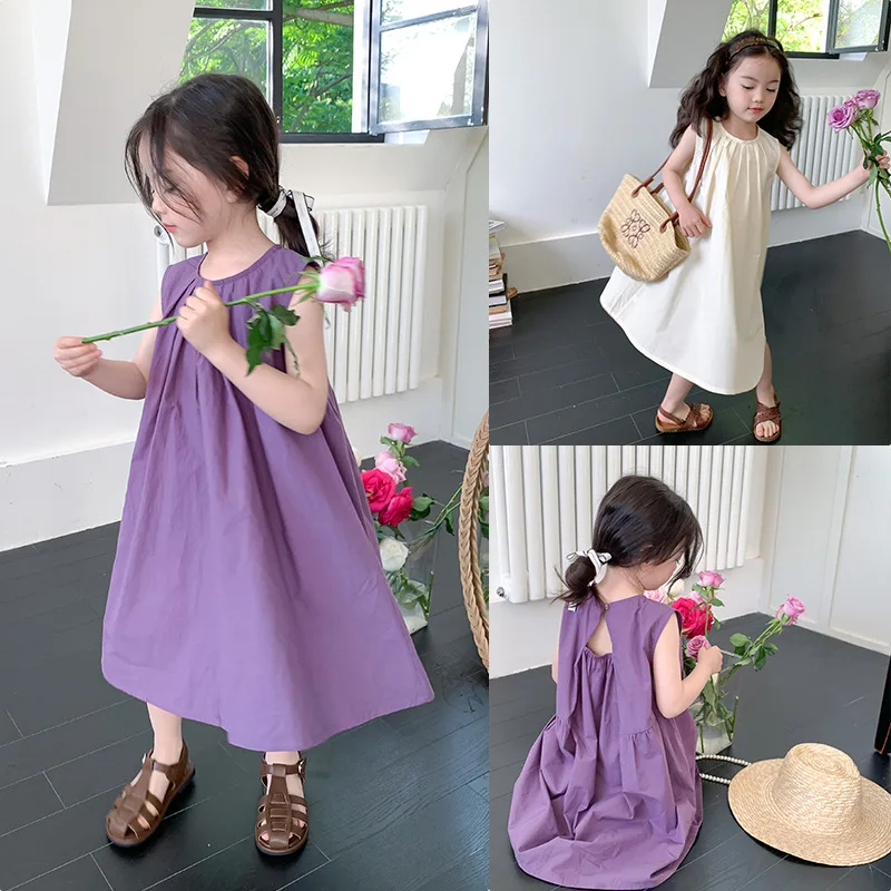 Solid Girls Dress 2024 Korea Kids Wear Fower Girl Dresses For Weddings Girls' Sleeveless Tank Top Dress Princess Dress