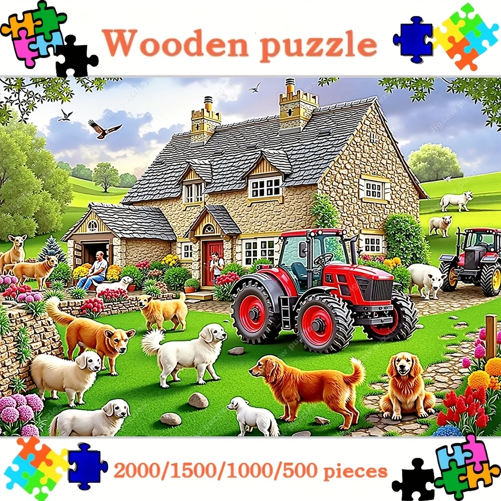 500/1000/1500/2000 Stück extravagierendes Farm Life-Puzzle für Erwachsene – Hütte, Traktor, Hunde – ineinandergreifende Holzstücke