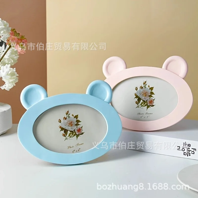 1PC Horizontal Cute Bear Ear Rabbit Ear Resin Photo Frame Creative Desktop Decoration 6inch Blue Pink