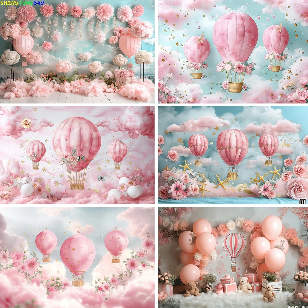 

Photography Background Hot Air Balloon Floral Decoration Newborn Princess Girl Cake Smash Backdrop for Photo Studio