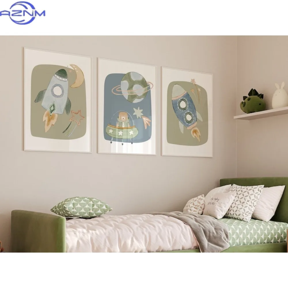 3pcs Frameless Canvas Painting Sage Green Space Nursery Prints: Rocket Wall Art, Boy Room Decor - Set of 3