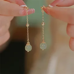 Trendy Light Green HeTian Jade Long Tassel Drop Earring Charm Jade Dangle Earrings Bridal Party Stone Jewelry Pretty Girl's Gift