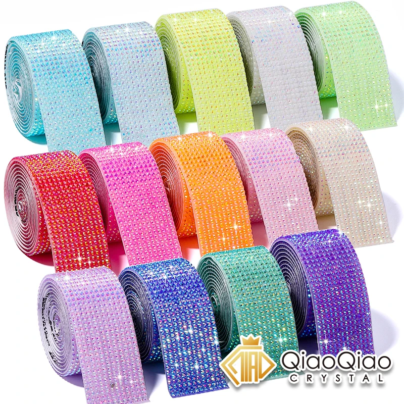 

QIAO 1 Yard Self Adhesive Resin Rhinestone14 Colors Jelly AB Sticker Diamond Ribbon DIY Rhinestones Arts Crafts Decorate