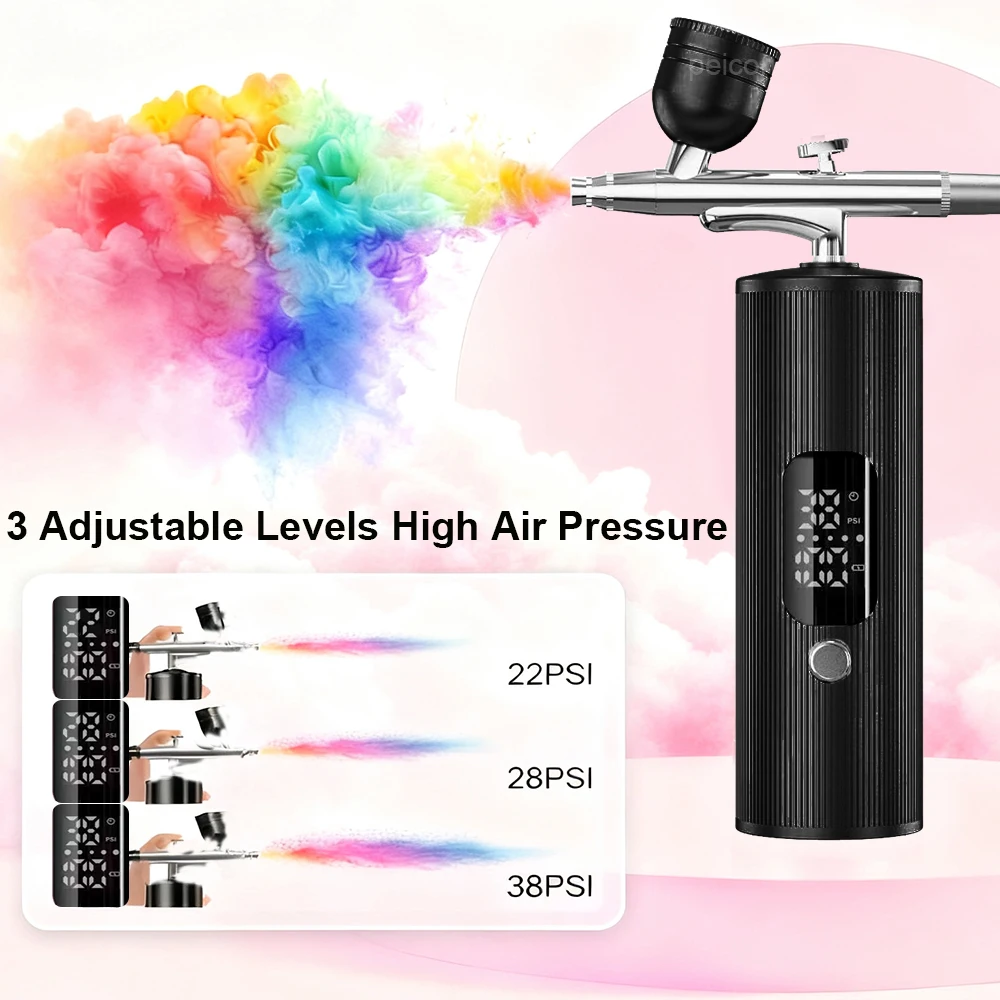 ชุดแอร์บรัชพร้อมเครื่องอัดอากาศแบบชาร์จไฟได้ ปืนพ่นสีแรงดันสูงแบบมือถือ สำหรับงานศิลปะบนเล็บ งานฝีมือ งานทาสี แอร์บรัชขนาดเล็กพกพาสะดวก