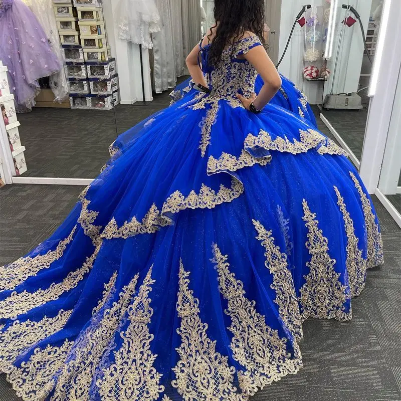 Королевское синее платье Quinceanera по индивидуальному заказу, бальное платье с открытыми плечами и золотой аппликацией, корсет Sweet 16, Vestidos De Fiesta YQD544