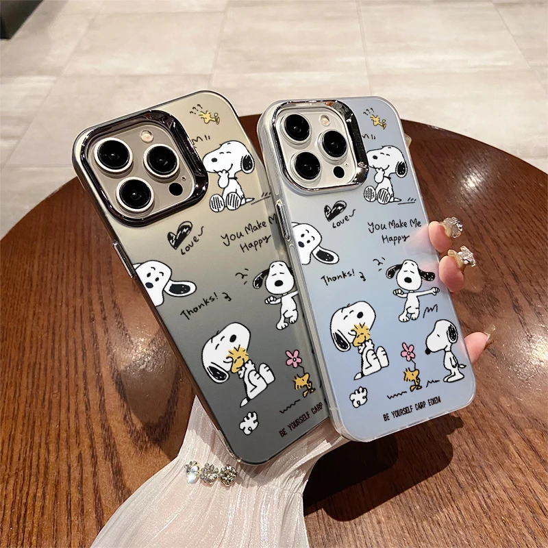 Snoopy Cute Cartoon Electroplating Lens Frame Fall Shockproof Case For iPhone 15 14 Plus 13 12 11 Pro X Xs Max Cover WK316